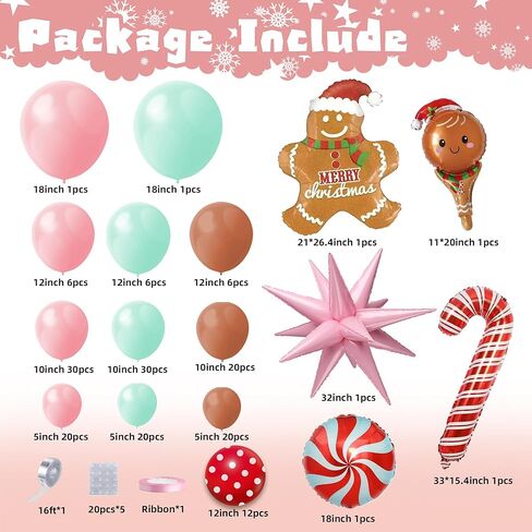 Christmas Gingerbread Balloon Arch Kit,184 Pcs Pink and Green Xmas Balloon Garland Arch with Cookie Figure, Candy and Snowman Balloons for Christmas Party Decorations, Xmas Holiday Event Supplies in Saudi Arabia