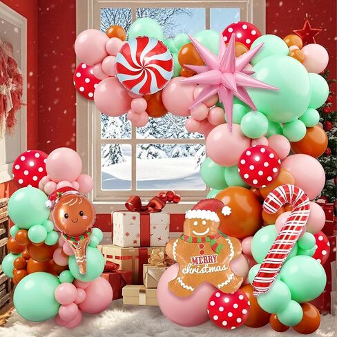 Christmas Gingerbread Balloon Arch Kit,184 Pcs Pink and Green Xmas Balloon Garland Arch with Cookie Figure, Candy and Snowman Balloons for Christmas Party Decorations, Xmas Holiday Event Supplies in Saudi Arabia