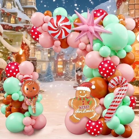 Christmas Gingerbread Balloon Arch Kit,184 Pcs Pink and Green Xmas Balloon Garland Arch with Cookie Figure, Candy and Snowman Balloons for Christmas Party Decorations, Xmas Holiday Event Supplies in Saudi Arabia