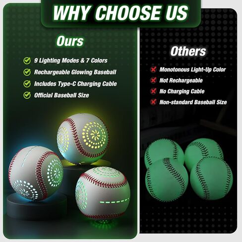 لعبة بيسبول مضيئة مع مصباح LED قابل لإعادة الشحن، 9 أوضاع إضاءة تتوهج في البيسبول الداكن، كرات بيسبول جلدية ذات حجم رسمي للنهار والليل في الأماكن المغلقة والخارجية، لعبة رياضية للأولاد من سن 8 إلى 12 عامًا in Kuwait