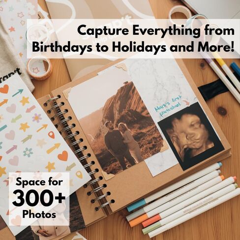 مجموعة سجل القصاصات - ألبوم صور مكون من 80 صفحة سجل قصاصات DIY - يحمل أكثر من 300 صورة، مع أقلام معدنية، وأكثر من 150 ملصقًا، وقلم صمغ، وأشرطة واشي، وورق داعم، وملصقات زوايا الصور (مجموعة المبتدئين - 8 × 8 بوصة، كرافت) in Kuwait