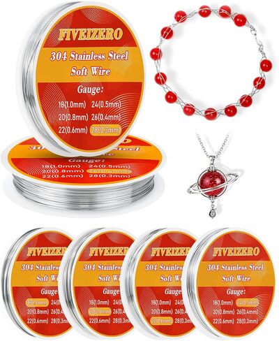 FIVEIZERO Stainless Steel Wire for Jewelry Making,Include 18/20/22/24/26/28 Gauge 304 Stainless Steel Beading Wire Thin Metal Craft Wire for Necklace,Bead Stringing,DIY Jewelry,Floral and Home Crafts in Saudi Arabia