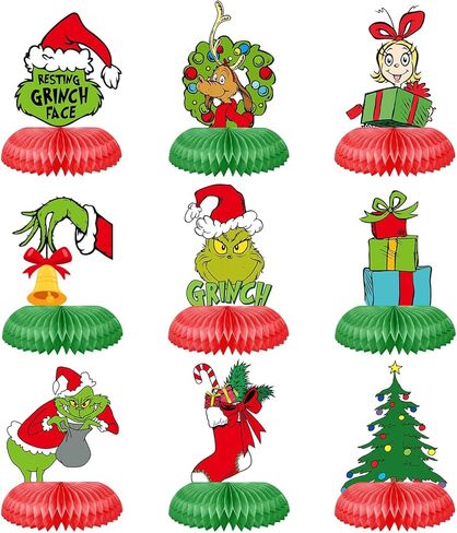 9 Pieces Christmas Honeycomb Centerpieces Green Elf Xmas Table Centerpieces Funny Green Whoville Table Toppers for Winter Holiday Christmas Decorations Party Supplies in Kuwait