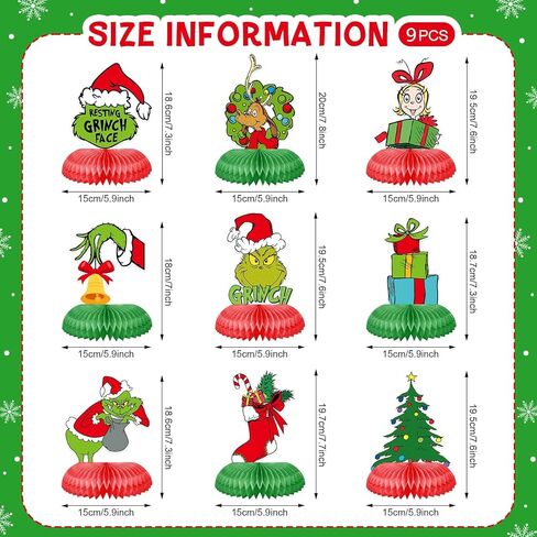 9 Pieces Christmas Honeycomb Centerpieces Green Elf Xmas Table Centerpieces Funny Green Whoville Table Toppers for Winter Holiday Christmas Decorations Party Supplies in Kuwait