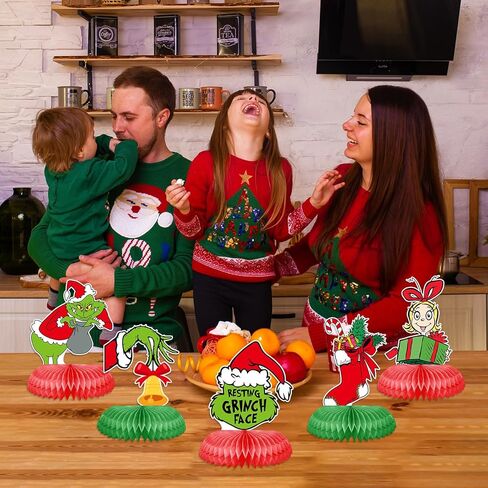 9 Pieces Christmas Honeycomb Centerpieces Green Elf Xmas Table Centerpieces Funny Green Whoville Table Toppers for Winter Holiday Christmas Decorations Party Supplies in Kuwait