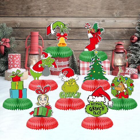 9 Pieces Christmas Honeycomb Centerpieces Green Elf Xmas Table Centerpieces Funny Green Whoville Table Toppers for Winter Holiday Christmas Decorations Party Supplies in Kuwait