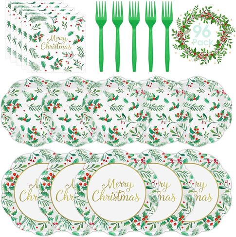 150 قطعة من أطباق ومناديل عيد الميلاد المجيد - أطباق ومناديل ورقية لعيد الميلاد للاستعمال مرة واحدة، مجموعات أدوات مائدة بأوراق هولي التوت الأحمر لمستلزمات تزيين طاولات حفلات عيد الميلاد في فصل الشتاء، خدمة 50 in Kuwait