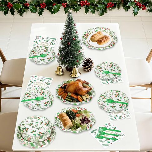 150 قطعة من أطباق ومناديل عيد الميلاد المجيد - أطباق ومناديل ورقية لعيد الميلاد للاستعمال مرة واحدة، مجموعات أدوات مائدة بأوراق هولي التوت الأحمر لمستلزمات تزيين طاولات حفلات عيد الميلاد في فصل الشتاء، خدمة 50 in Kuwait