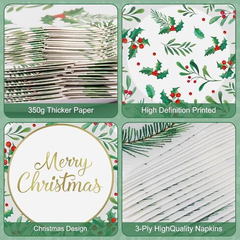 150 قطعة من أطباق ومناديل عيد الميلاد المجيد - أطباق ومناديل ورقية لعيد الميلاد للاستعمال مرة واحدة، مجموعات أدوات مائدة بأوراق هولي التوت الأحمر لمستلزمات تزيين طاولات حفلات عيد الميلاد في فصل الشتاء، خدمة 50 in Kuwait