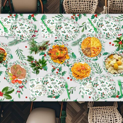 150 قطعة من أطباق ومناديل عيد الميلاد المجيد - أطباق ومناديل ورقية لعيد الميلاد للاستعمال مرة واحدة، مجموعات أدوات مائدة بأوراق هولي التوت الأحمر لمستلزمات تزيين طاولات حفلات عيد الميلاد في فصل الشتاء، خدمة 50 in Kuwait