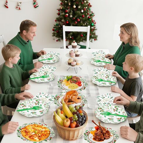 150 قطعة من أطباق ومناديل عيد الميلاد المجيد - أطباق ومناديل ورقية لعيد الميلاد للاستعمال مرة واحدة، مجموعات أدوات مائدة بأوراق هولي التوت الأحمر لمستلزمات تزيين طاولات حفلات عيد الميلاد في فصل الشتاء، خدمة 50 in Kuwait