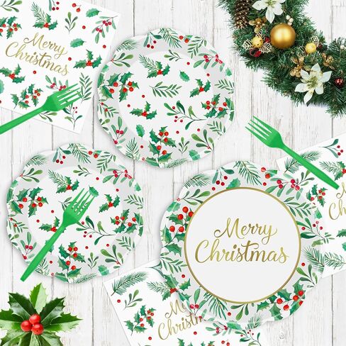 150 قطعة من أطباق ومناديل عيد الميلاد المجيد - أطباق ومناديل ورقية لعيد الميلاد للاستعمال مرة واحدة، مجموعات أدوات مائدة بأوراق هولي التوت الأحمر لمستلزمات تزيين طاولات حفلات عيد الميلاد في فصل الشتاء، خدمة 50 in Kuwait