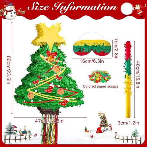 بينياتا شجرة عيد الميلاد بطول 23.6 سم مع حبل معلق، بينياتا كبيرة لشجرة عيد الميلاد مع معصوب العينين وعصا قصاصات تزيين حفلات عيد الميلاد لمستلزمات حفلات عيد الميلاد وديكورات المنزل (نمط) in Kuwait
