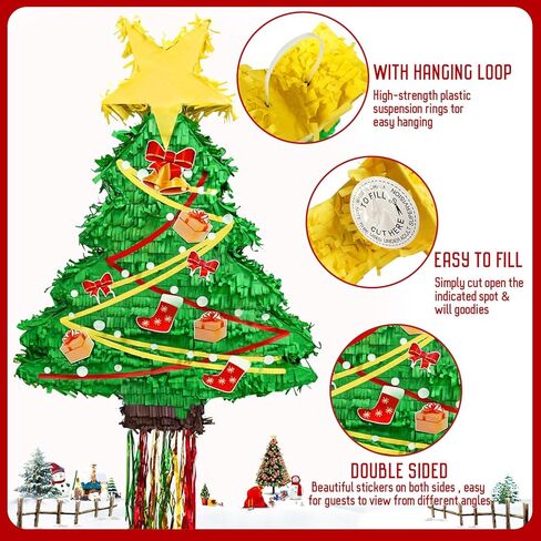 بينياتا شجرة عيد الميلاد بطول 23.6 سم مع حبل معلق، بينياتا كبيرة لشجرة عيد الميلاد مع معصوب العينين وعصا قصاصات تزيين حفلات عيد الميلاد لمستلزمات حفلات عيد الميلاد وديكورات المنزل (نمط) in Kuwait