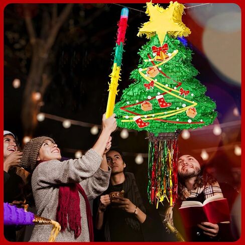 بينياتا شجرة عيد الميلاد بطول 23.6 سم مع حبل معلق، بينياتا كبيرة لشجرة عيد الميلاد مع معصوب العينين وعصا قصاصات تزيين حفلات عيد الميلاد لمستلزمات حفلات عيد الميلاد وديكورات المنزل (نمط) in Kuwait