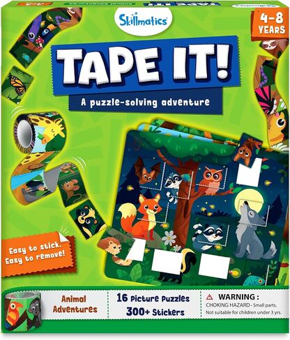 نشاط أحجية Skillmatics - ألغاز ملصقات الحيوانات من Tape It، أكثر من 300 ملصق سهل التمزق، مجموعة فنية وحرفية قابلة لإعادة الاستخدام، مهارات حركية تعليمية دقيقة ولعبة سفر، هدية للأطفال من سن 4، 5، 6، 7، 8 in Kuwait