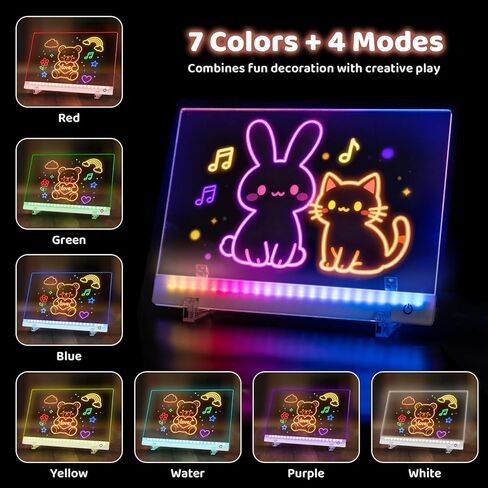 Rechargeable Led Drawing Board for Kids, 13.8*10" Dry Erase Board, 4 Modes &7 Colors Glow Doodle Note Board, Include Hanging Chain, 2 Stands, 8 Markers, Spray Bottle, Cleaning Cloth, Christmas Gifts in Saudi Arabia