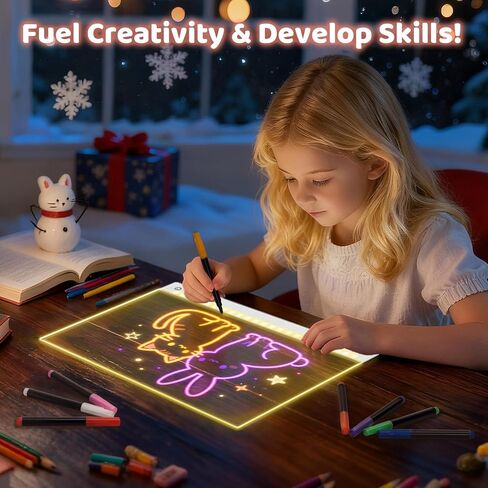 Rechargeable Led Drawing Board for Kids, 13.8*10" Dry Erase Board, 4 Modes &7 Colors Glow Doodle Note Board, Include Hanging Chain, 2 Stands, 8 Markers, Spray Bottle, Cleaning Cloth, Christmas Gifts in Saudi Arabia