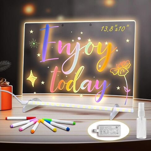 لوحة ملاحظات LED بألوان، لوحة رسم LED مقاس 13.8 × 10 بوصة للأطفال، 4 أوضاع و7 ألوان من الأكريليك مع ضوء، تتضمن محول، دعامة، سلسلة تعليق، قطعة قماش للمسح، 7 علامات، زجاجة رذاذ (أ) in Kuwait