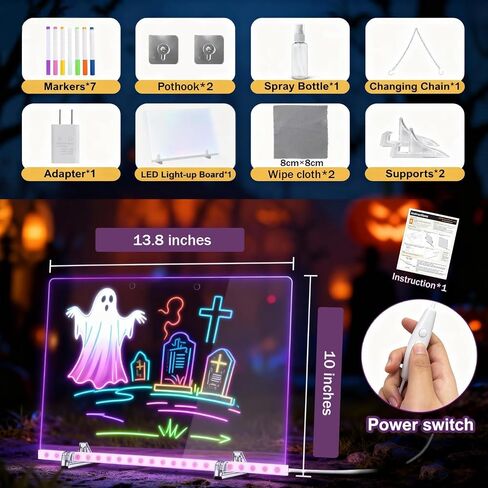 لوحة ملاحظات LED بألوان، لوحة رسم LED مقاس 13.8 × 10 بوصة للأطفال، 4 أوضاع و7 ألوان من الأكريليك مع ضوء، تتضمن محول، دعامة، سلسلة تعليق، قطعة قماش للمسح، 7 علامات، زجاجة رذاذ (أ) in Kuwait