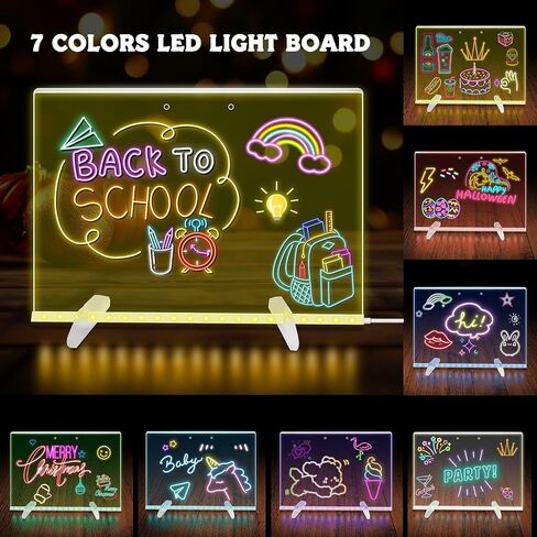 لوحة ملاحظات LED بألوان، لوحة رسم LED مقاس 13.8 × 10 بوصة للأطفال، 4 أوضاع و7 ألوان من الأكريليك مع ضوء، تتضمن محول، دعامة، سلسلة تعليق، قطعة قماش للمسح، 7 علامات، زجاجة رذاذ (أ) in Kuwait