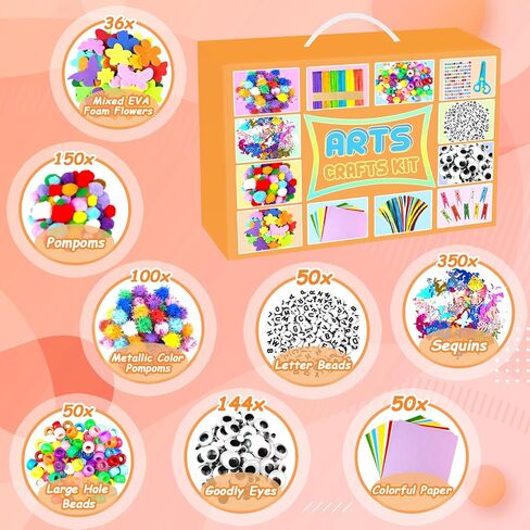2000 PCS Arts and Crafts Supplies for Kids All-in-1 Craft Kit with Pipe Cleaners Craft Box Set DIY Crafting Supply School Supplies Toys Gifts for Girls Boys Ages 4-6, 6-8, 8-12, Orange in Saudi Arabia