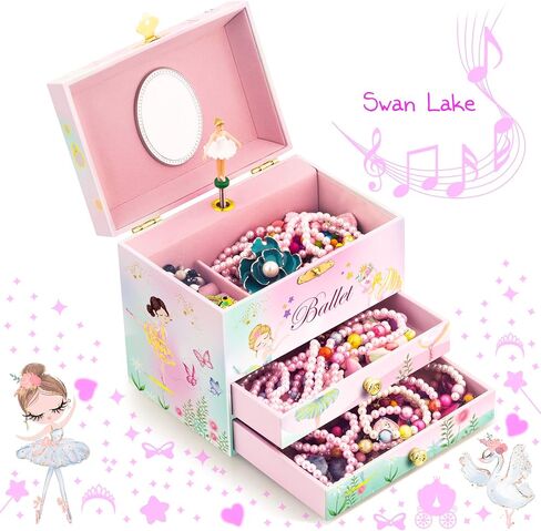 A&A Music Jewelry Box for Girls with Big Drawer Paired with Ballet Girl Theme Rotating Playback the Tune for Swan Lake Pink in Saudi Arabia