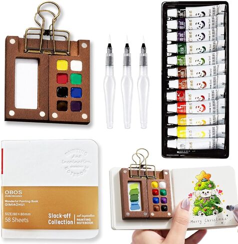 Mini Watercolor Paint Set Portable, Travel Grid Paint Palette Box with Binder Clips Include Paint, Brush*3 and Picture Album Art Materials Coloring Markers (Brown Wood-S) in Kuwait