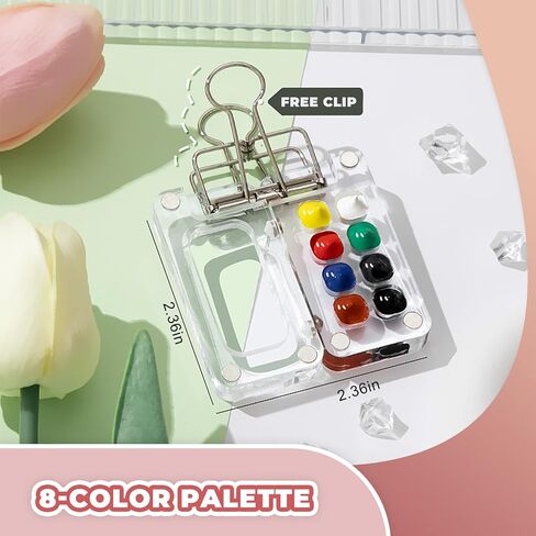 Mini Watercolor Paint Set Portable, Travel Grid Paint Palette Box with Binder Clips Include Paint, Brush*3 and Picture Album Art Materials Coloring Markers (Brown Wood-S) in Kuwait