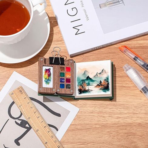 Mini Watercolor Paint Set Portable, Travel Grid Paint Palette Box with Binder Clips Include Paint, Brush*3 and Picture Album Art Materials Coloring Markers (Brown Wood-S) in Kuwait