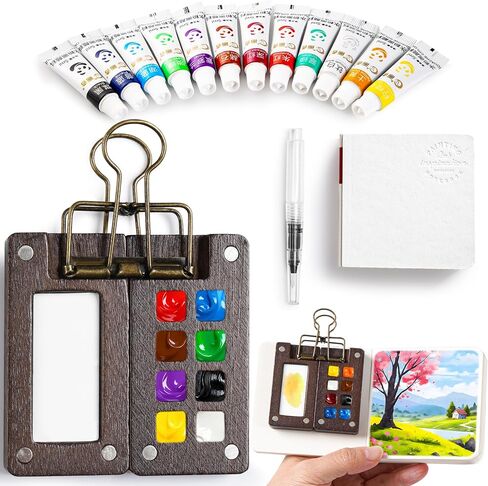 Mini Watercolor Paint Set, 12 Colors Portable Pocket Watercolour Travel Kit with 8 Grid Wood Paint Palette, Sketchbook, Metal Clip, Water Brush for Painters Artists Students in Kuwait