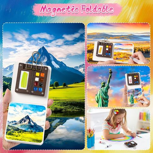 Mini Watercolor Paint Set, 12 Colors Portable Pocket Watercolour Travel Kit with 8 Grid Wood Paint Palette, Sketchbook, Metal Clip, Water Brush for Painters Artists Students in Kuwait