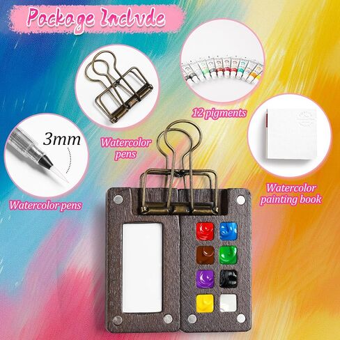 Mini Watercolor Paint Set, 12 Colors Portable Pocket Watercolour Travel Kit with 8 Grid Wood Paint Palette, Sketchbook, Metal Clip, Water Brush for Painters Artists Students in Kuwait