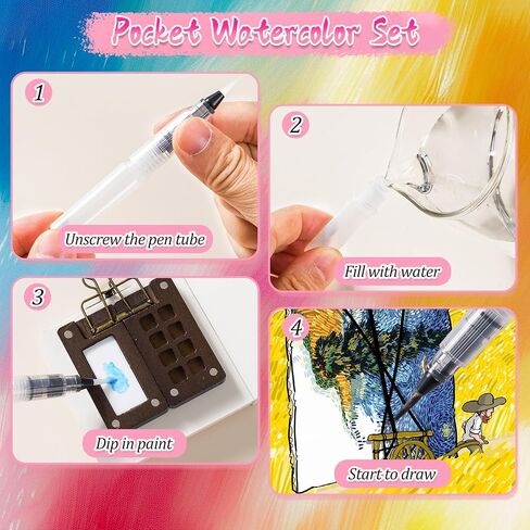 Mini Watercolor Paint Set, 12 Colors Portable Pocket Watercolour Travel Kit with 8 Grid Wood Paint Palette, Sketchbook, Metal Clip, Water Brush for Painters Artists Students in Kuwait