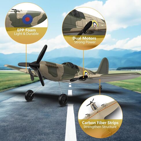 HAWK'S WORK 3 قنوات RC طائرة Spitfire Fighter، جهاز التحكم عن بعد Warbird جاهز للطيران، 2.4 جيجا هرتز 6 محاور مثبت جيروسكوبي، سهل الطيران للأطفال والمبتدئين in Kuwait