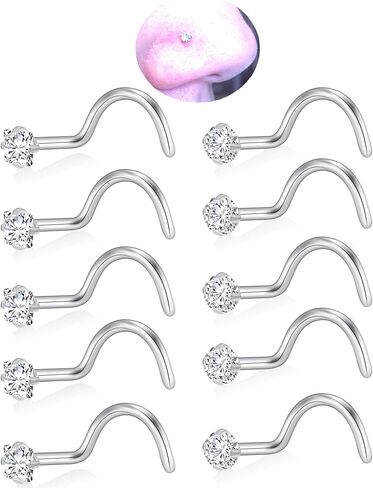 10Pcs 20G Nose Rings Studs for Women Corkscrew Sliver Nose Studs Hypoallergenic Nose Rings 316L Surgical Stainless Steel Nose Nostril Percing Jewely for Women Men Round Square CZ Imitation Diamond 1.5mm/2.0mm/2.5mm/3.0mm in Saudi Arabia