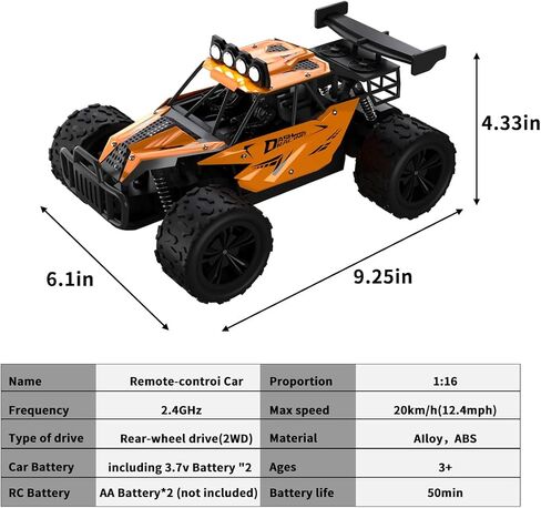 Remote Control Car Monster Truck Toys 1:16 Scale RC Car For Boys 2.4GHz High Speed 20 km/h With LED Headlights,Rechargeable RC Cars Gifts for Boys 4-7 8-12 Christmas, Beginner, Kids 6-12+(Orange) in Saudi Arabia