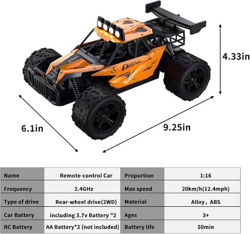 Remote Control Car Monster Truck Toys 1:16 Scale RC Car For Boys 2.4GHz High Speed 20 km/h With LED Headlights,Rechargeable RC Cars Gifts for Boys 4-7 8-12 Christmas, Beginner, Kids 6-12+(Orange) in Saudi Arabia