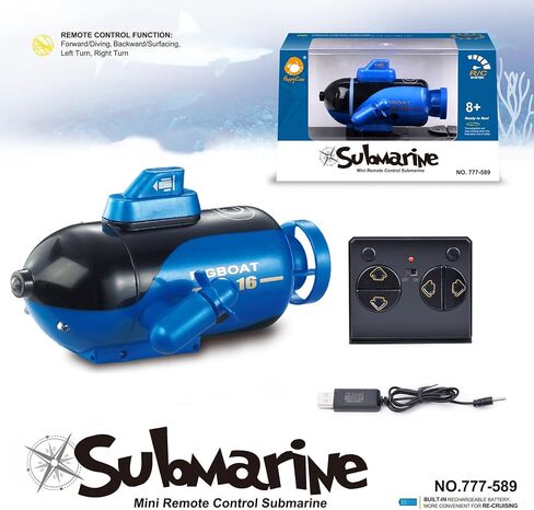 لعبة غواصة بجهاز تحكم عن بعد، غواصة عسكرية RC مع ضوء LED، كابل شحن USB، 7.9 × 5.1 × 5 بوصات (أزرق) in Kuwait