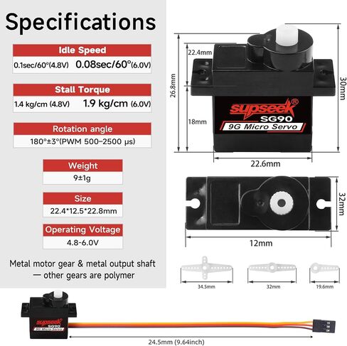 SG90 9g Micro Servo Motor, Metal Motor Gear & Shaft, 1.9kg·cm 0.08s/60° Mini Servos for Arduino, RC Airplane, Robot Arm, Car, Boat DIY Projects (4 Pcs) in Saudi Arabia