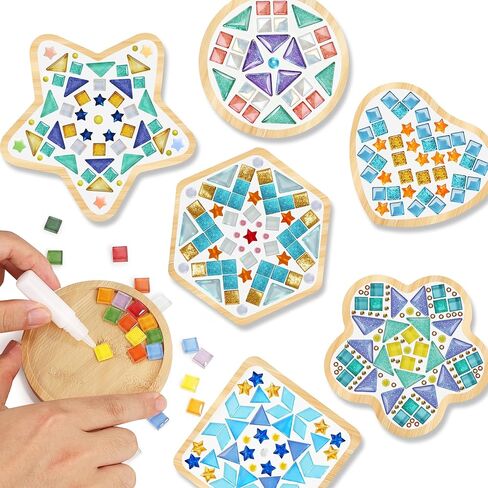 Joyclub 4 مجموعات DIY بلاط الفسيفساء الزجاجي للحرف اليدوية مجموعات الفسيفساء للبالغين والأطفال مع الوقايات الخشبية لصينية المشروبات الإبداعية صناعة يدوية لوازم ديكور المنزل فن هدايا عيد الميلاد in Kuwait