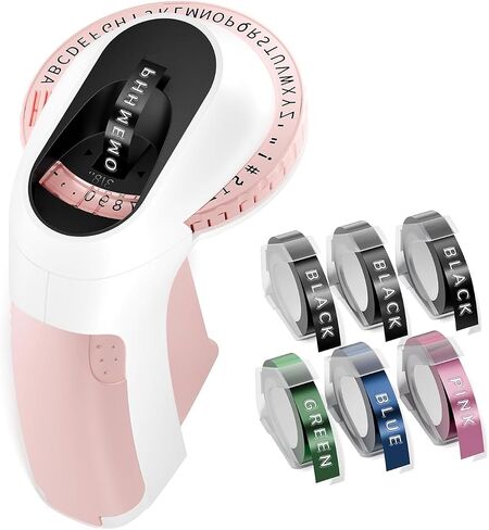 Embossing Label Maker with Tapes, 3D Classic Embosser, E975 Vintage Nostalgia Manual Printer with 6 Rolls of 9mmx3m Labels for for Home, Office and DIY Crafting, White & Pink in Saudi Arabia