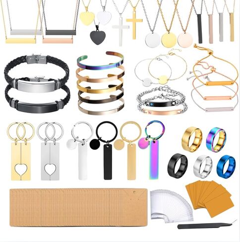 Mroy mio 104 قطعة DIY طقم النقش بالليزر، 13 نوعًا من الفولاذ المقاوم للصدأ مجموعة صنع المجوهرات الفارغة للهدايا الشخصية، قلادة على شكل قلب، خاتم، سوار للأزواج والأصدقاء والمبتدئين in Kuwait