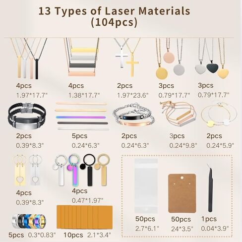 Mroy mio 104 قطعة DIY طقم النقش بالليزر، 13 نوعًا من الفولاذ المقاوم للصدأ مجموعة صنع المجوهرات الفارغة للهدايا الشخصية، قلادة على شكل قلب، خاتم، سوار للأزواج والأصدقاء والمبتدئين in Kuwait
