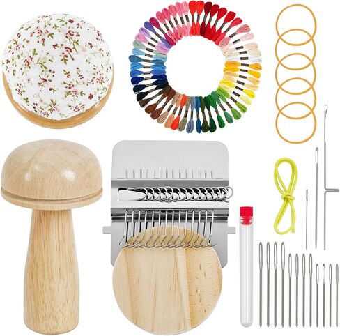 Mini Darning Loom,Mushroom Knit Patch Kit with 14 Hooks Small Weaving Loom 14 Pcs Large Eye Needles 50 Color Threads for Handcraft DIY Weaving Repair Tool Darning Kit for Beginners Mending Jeans Socks in Saudi Arabia