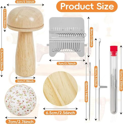 Mini Darning Loom,Mushroom Knit Patch Kit with 14 Hooks Small Weaving Loom 14 Pcs Large Eye Needles 50 Color Threads for Handcraft DIY Weaving Repair Tool Darning Kit for Beginners Mending Jeans Socks in Saudi Arabia