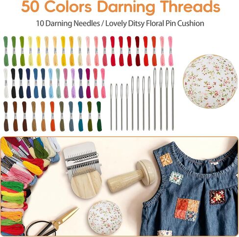 Mini Darning Loom,Mushroom Knit Patch Kit with 14 Hooks Small Weaving Loom 14 Pcs Large Eye Needles 50 Color Threads for Handcraft DIY Weaving Repair Tool Darning Kit for Beginners Mending Jeans Socks in Saudi Arabia