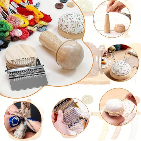Mini Darning Loom,Mushroom Knit Patch Kit with 14 Hooks Small Weaving Loom 14 Pcs Large Eye Needles 50 Color Threads for Handcraft DIY Weaving Repair Tool Darning Kit for Beginners Mending Jeans Socks in Saudi Arabia