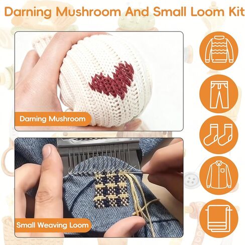 Mini Darning Loom,Mushroom Knit Patch Kit with 14 Hooks Small Weaving Loom 14 Pcs Large Eye Needles 50 Color Threads for Handcraft DIY Weaving Repair Tool Darning Kit for Beginners Mending Jeans Socks in Saudi Arabia