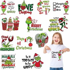Christmas Heat Transfers Vinyl, Iron on Transfers for T-Shirts, Christmas Iron on Decals for Clothes Bag Pillow Covers DIY Decorations (Green-12pcs) in Saudi Arabia